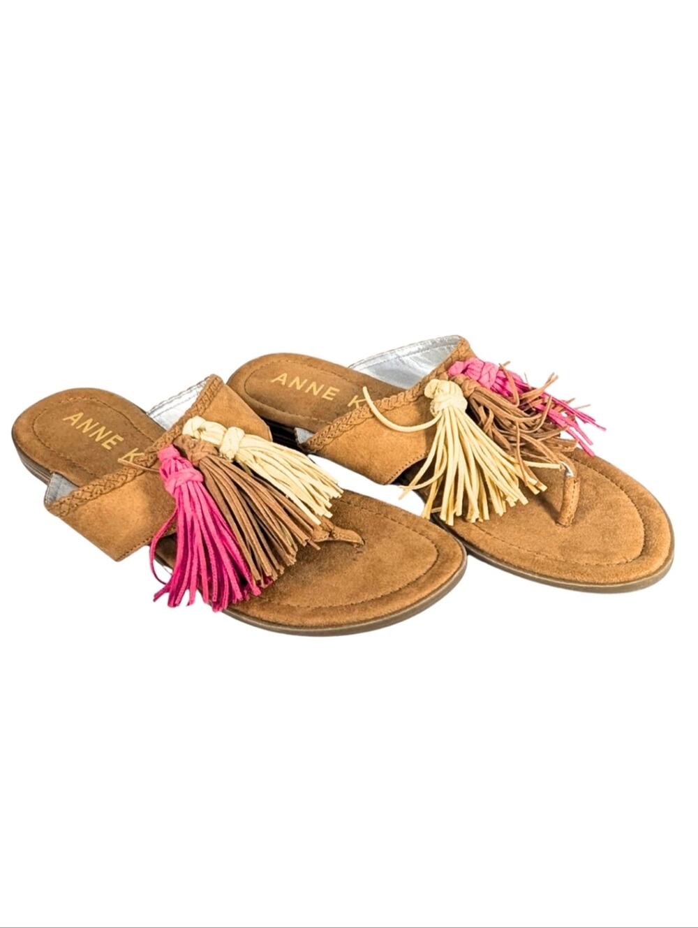 Anne Klein NWOT 6.5 Adrienna Tan Faux Suede Tassel Thong Flat Sandals